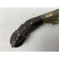 19th century Singhalese knife pia kaetta, the 20cm steel blade inset with yellow and white metal, with metal mounted carved pistol grip, in plain wooden scabbard L33cm overall