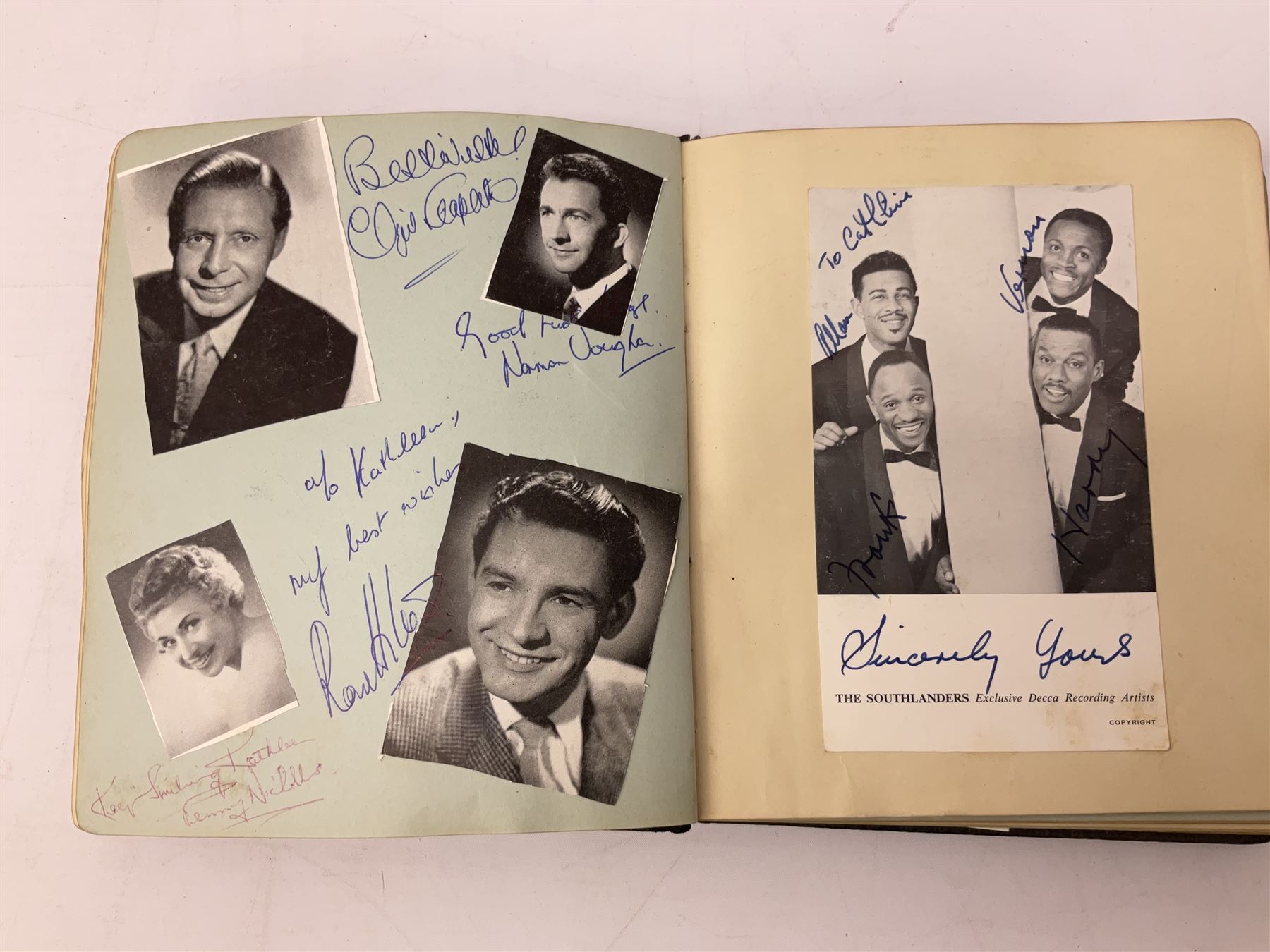 2 autograph albums, containing signatures including Harry Corbett Sooty, Dave Morris, Marion Saunders, Max Bygraves and signed photographs, quantity of postcards depicting the Lords Prayer and playing cards in case