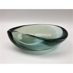 Mid 20th century Murano green glass bowl, with pulled and polished rim,  designed by Alfredo Barbini, signed A Barbini, Pauly to underside, H9cm
