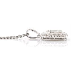 White gold baguette and round brilliant cut diamond pendant, hallmarked 9ct, on silver chain, total diamond weight approx 2.25 carat