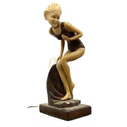 Art Deco style lamp in the form of a lady upon shaped bronzed effect plinth, H25cm
