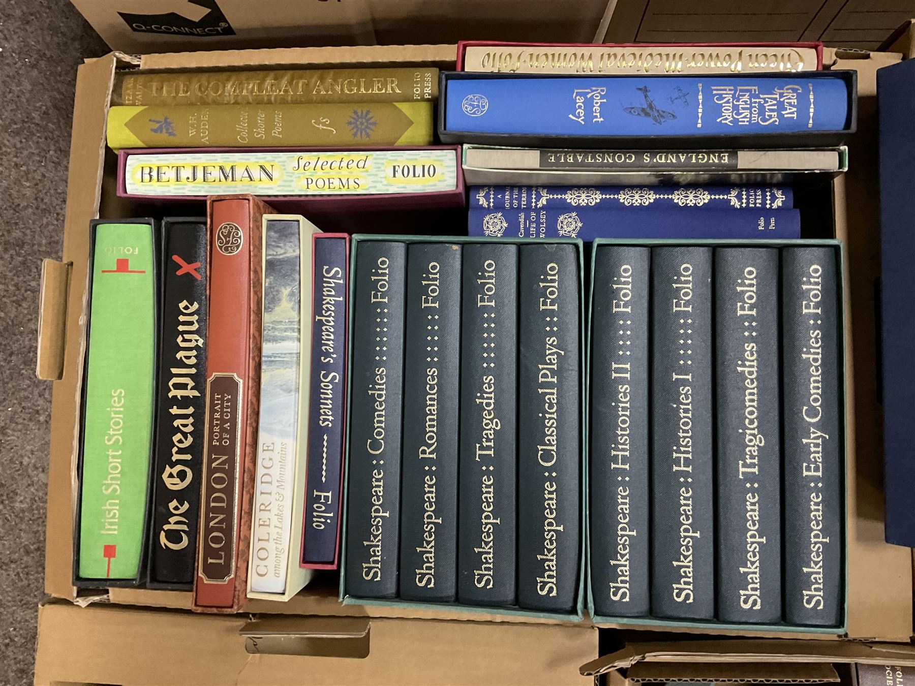 Large collection of Folio Society society books on various subjects, including Pepys Diary 1660-1669 in 3 volumes, Shakespeare eight volumes, Catherine the Great, Enigma etc, in six boxes 