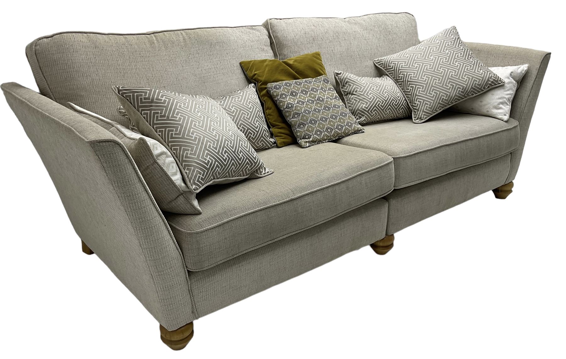Oak Furnitureland - three-piece lounge suite upholstered in grey fabric, large three-seat sofa (W238cm, D106cm), two-seat sofa (W209cm), and snuggler sofa (W129cm)