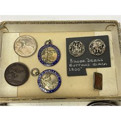 Pair of Georgian silver dress buttons, silver caddy spoon, silver fob medals, silver watches, set of six silver plated teaspoons, set of gilt buttons with ship design, etc