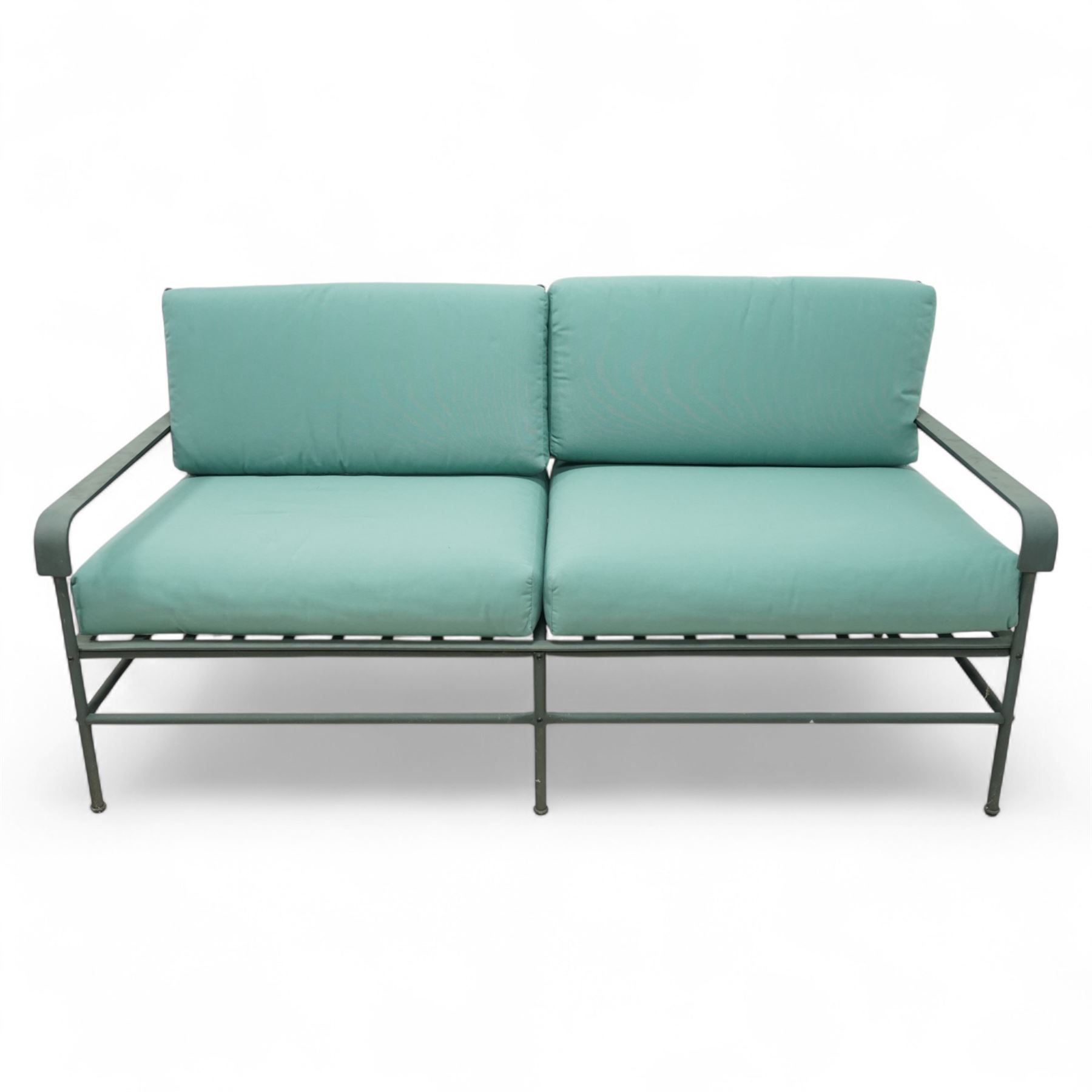 Unopiu - Italian designer 'Toscana' garden suite, comprising two seat sofa and two armchairs with table, wrought metal with loose seat cushions (Armchair W 82cm, D 72cm, H 81cm)