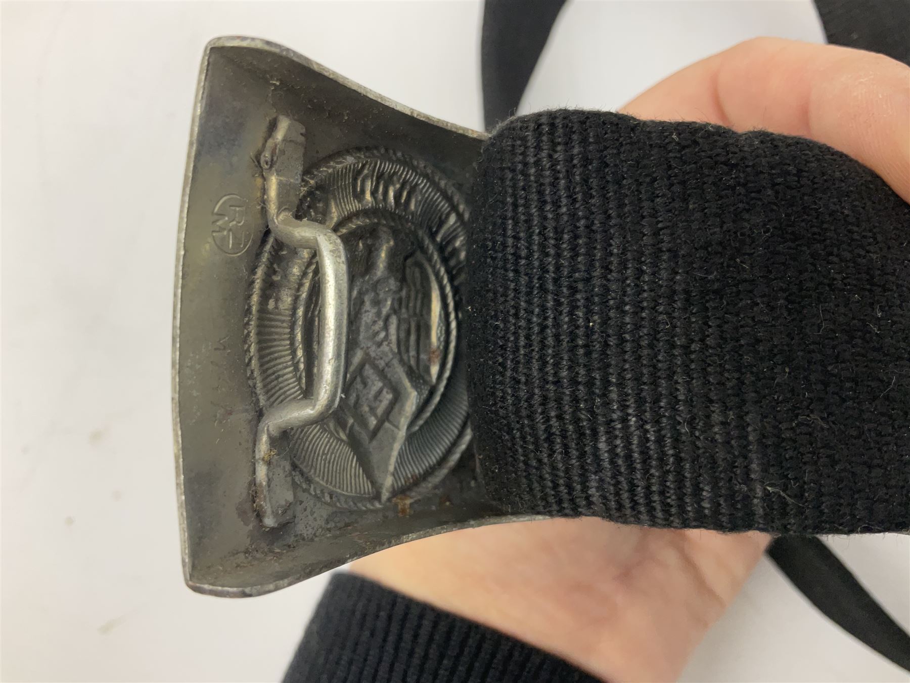 WW2 German Hitler Youth belt, the buckle marked 'Blut Und Ehre' and impressed RZM M/4/55 verso; and another Hitler Youth belt with similarly marked buckle (2)