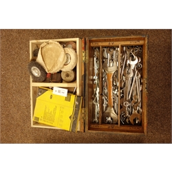  Quantity of spanners in wooden tool chest, quantity of files, punches, spanners etc. in pine tool chest, and various pliers, mole grips, pincers etc. in three boxes  