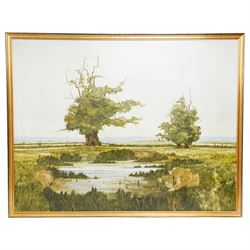 John Ridgewell ARCA (British 1937-2004): Pollarded Trees and Pond, oil on canvas signed and dated '68, 85cm x 110cm
