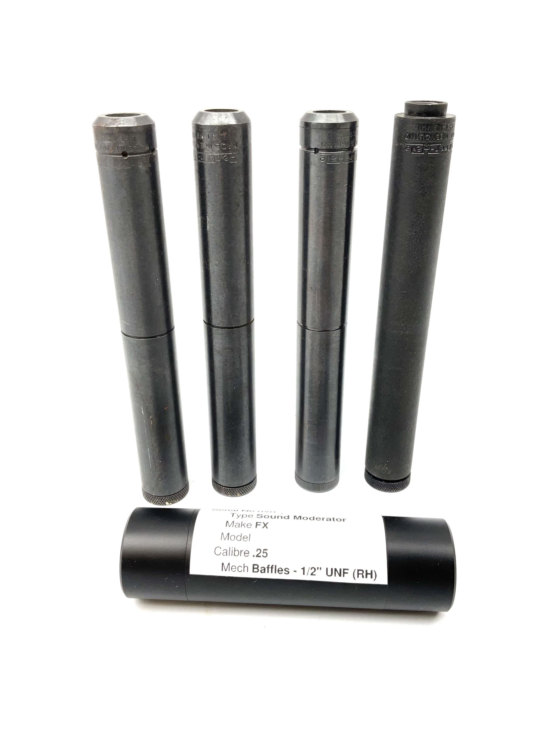 Four Parker-Hale .22 moderators and an FX  .25 air rifle moderator SHOTGUN CERTIFICATE REQUIRED