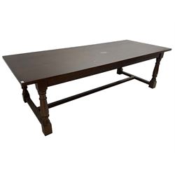 Large oak refectory design table, rectangular top on turned supports united by moulded H-shaped stretchers