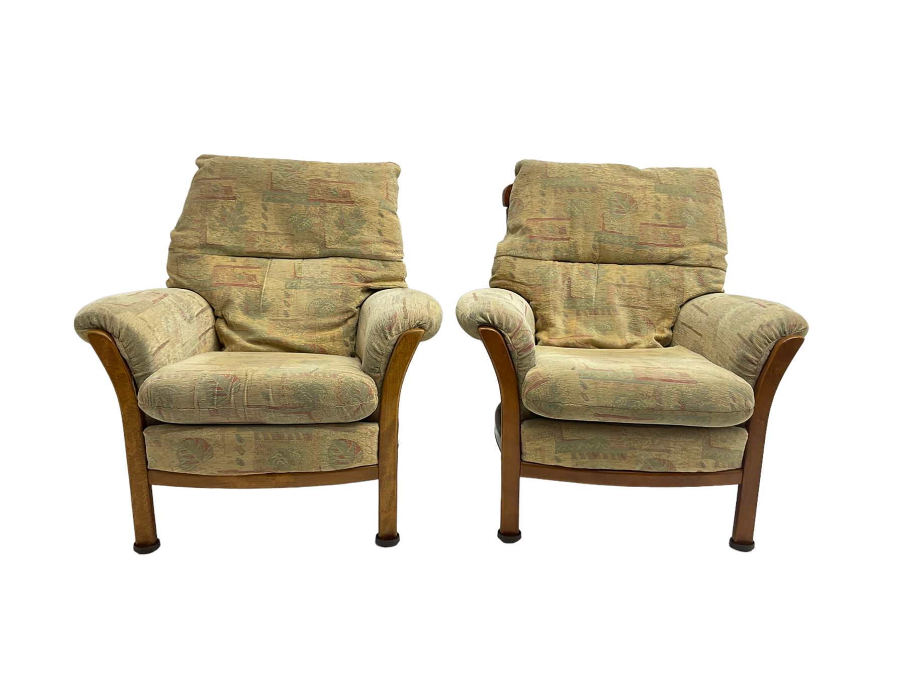 Mid20th century beech framed three seat sofa (W1180cm) and pair of