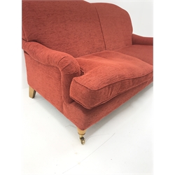 Laura Ashley Twickenham three seat sofa upholstered in a red fabric, turned supports (W188cm) and matching two seater (W160cm)