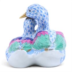 Herend, Hungary - Pair of ducks in blue fishnet decoration, together with goose in the same design and Herend trinket dish decorated with birds and insects, goose H11cm 