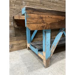 Large timber work bench with central glass section, and two pairs of vintage wooden step ladders (3)