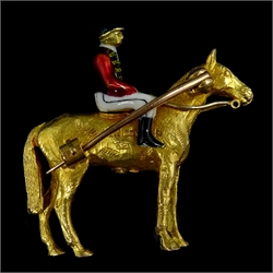  Gold and enamel racehorse brooch, Queen Elizabeth II colours, hallmarked 9ct  