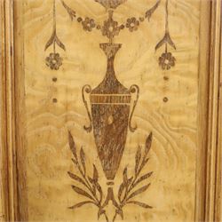 Edwardian Neoclassical figured ash and inlaid double combination wardrobe, the left section with mirrored door enclosing a hanging rail, the right section with cupboard door above four graduated drawers with glass knobs, raised on castors