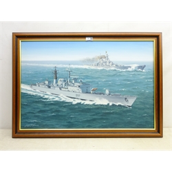  George Heiron (British 1929-2001): 'USS Missouri with HMS Edinburgh at Full Steam' - First Gulf War, oil on canvas signed and dated Aug. 1991, 49cm x 75cm  DDS - Artist's resale rights may apply to this lot   
