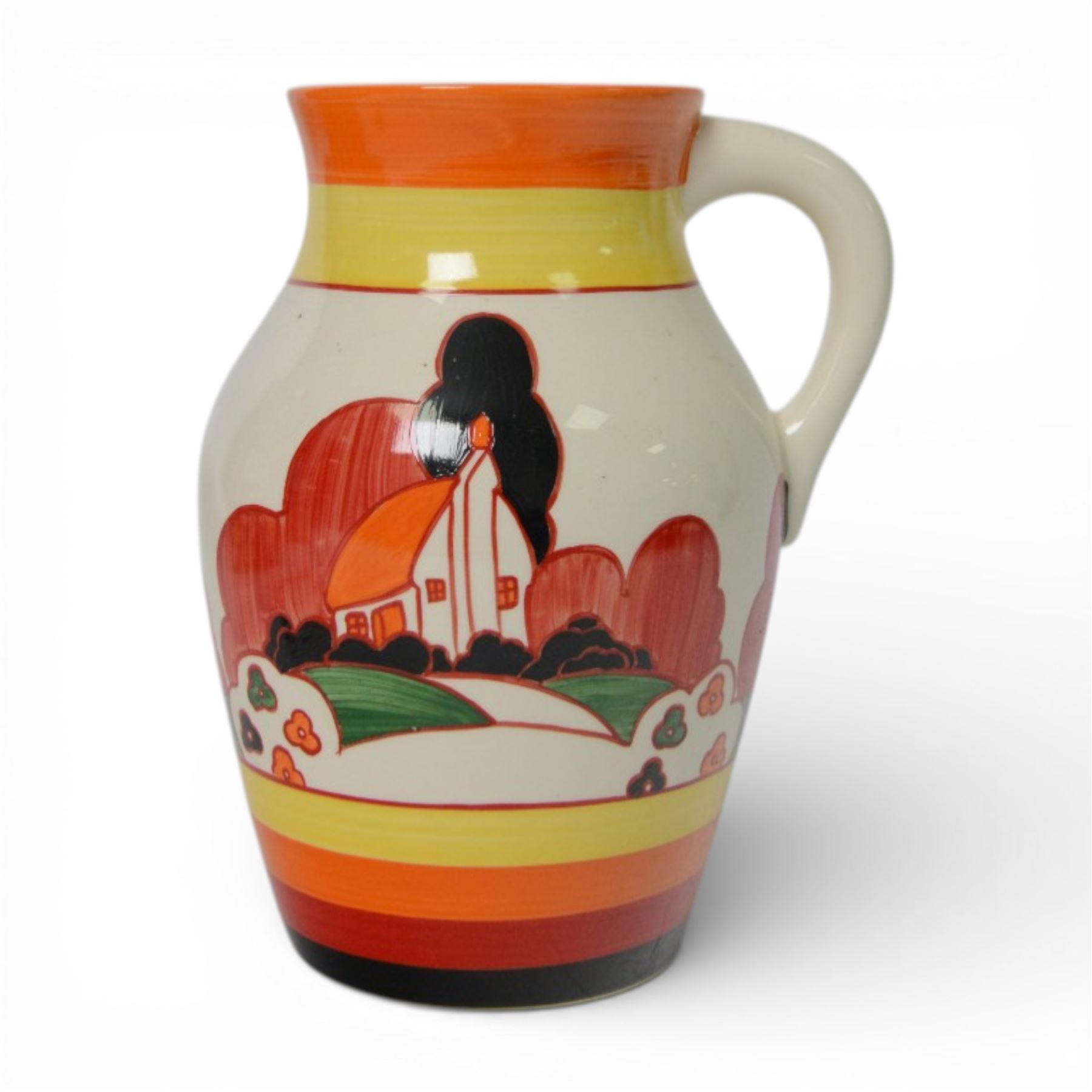 Wedgwood Bizarre by Clarice Cliff, Lotus Jug Farmhouse, hand painted based upon an original, limited edition 26/250, with certificate and box, H21cm 