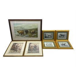 After Dorothy Margaret Alderson (British 1900-1992): Highland Cattle Watering, colour print; After Arthur Spooner (British 1873-1962): 'A Strain on Devotion' and 'The Breaking Point', pair colour prints; After Penry Powell Palfrey (British 1830-1902): 'A Hunter Sire', 'Anglo-Arabian Khaled', 'Thoroughbred Stallion Mambrino' and 'Arab Stallion Speed of Thought', set four reproduction engravings; and a late 19th century Cassell poultry print (8)