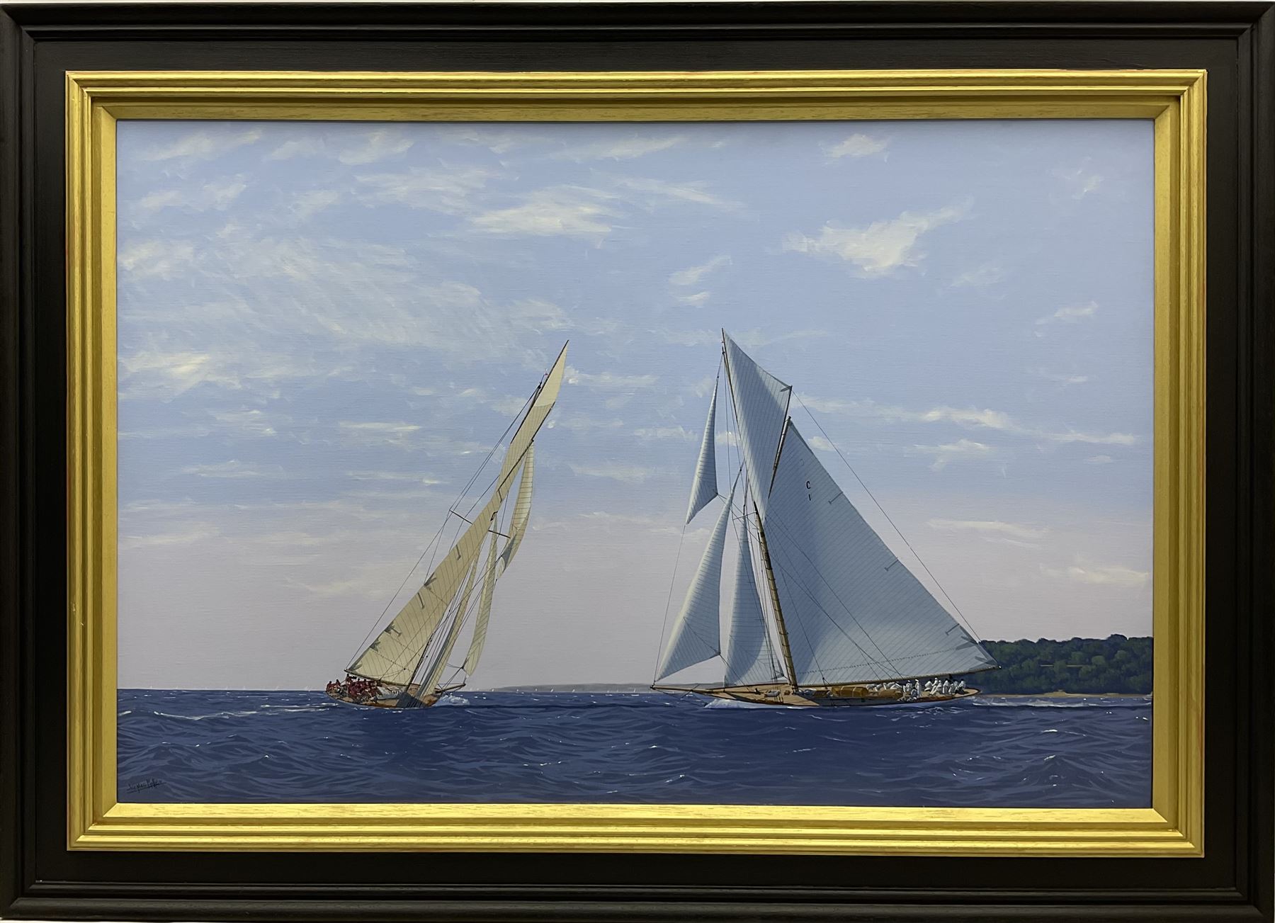 James Miller (British 1962-): Big Class Yachts 'Tuiga and Mariquita duelling on the Solent - The Westward Cup 2010', oil on canvas signed, titled verso 59cm x 89cm