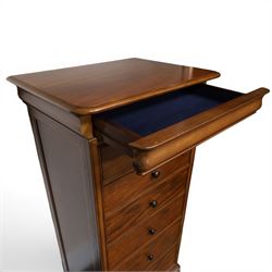 Willis & Gambier - mahogany tall chest, rectangular chamfered top, with frieze drawer with blue baize lining, over six graduating drawers with black pulls, raised on bracket feet