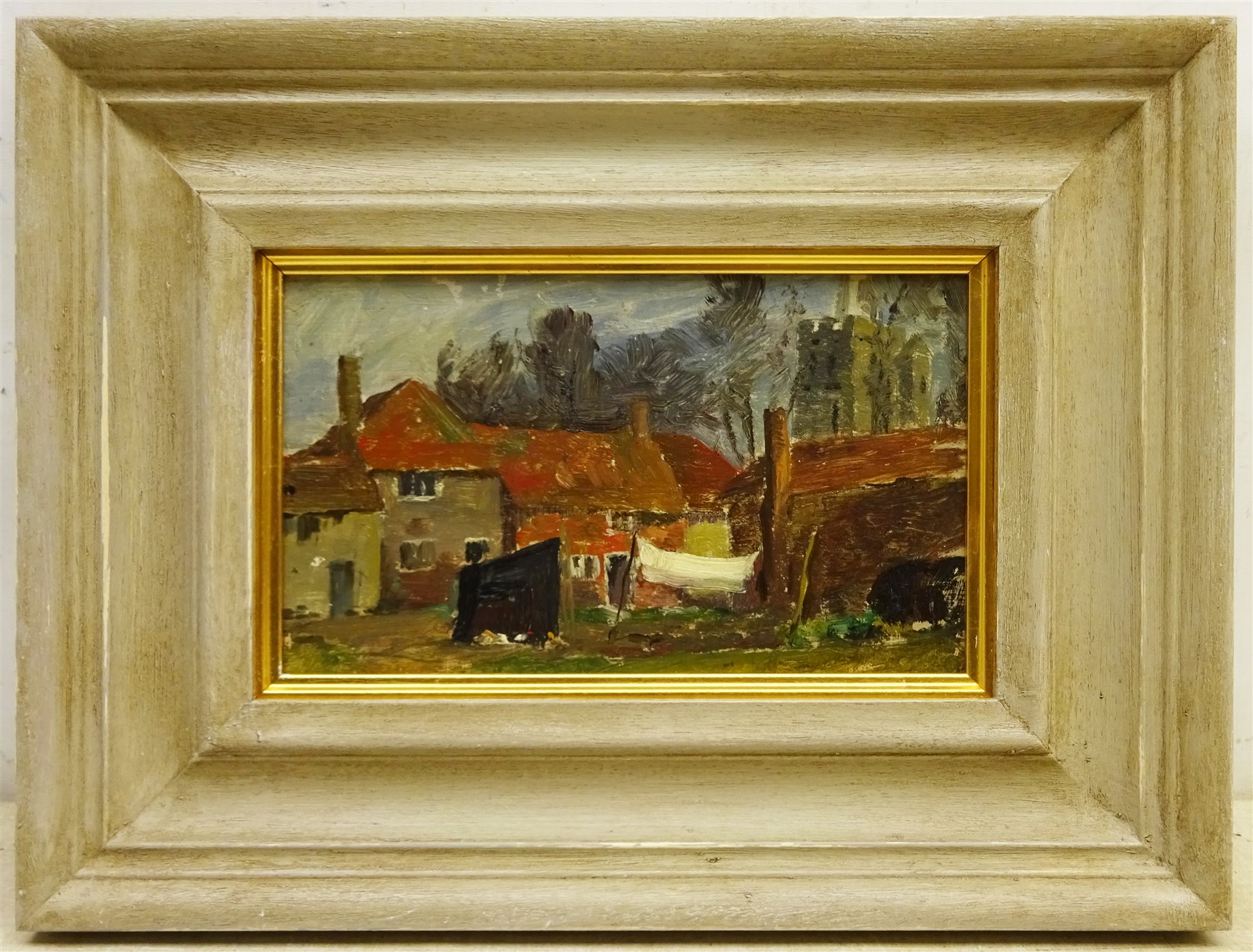 George Faulkner Wetherbee RI, ROI (American 1851-1920): Land Beach and Village scenes, set four oils on panels, one signed verso 13cm x 23cm (4) 