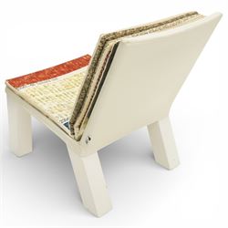 IKEA - ‘Selma’ chair designed by Front in 2009, the shaped wooden frame with white leather back and trim, fitted with cotton cushions with four interchangeable prints inspired by Swedish textile history