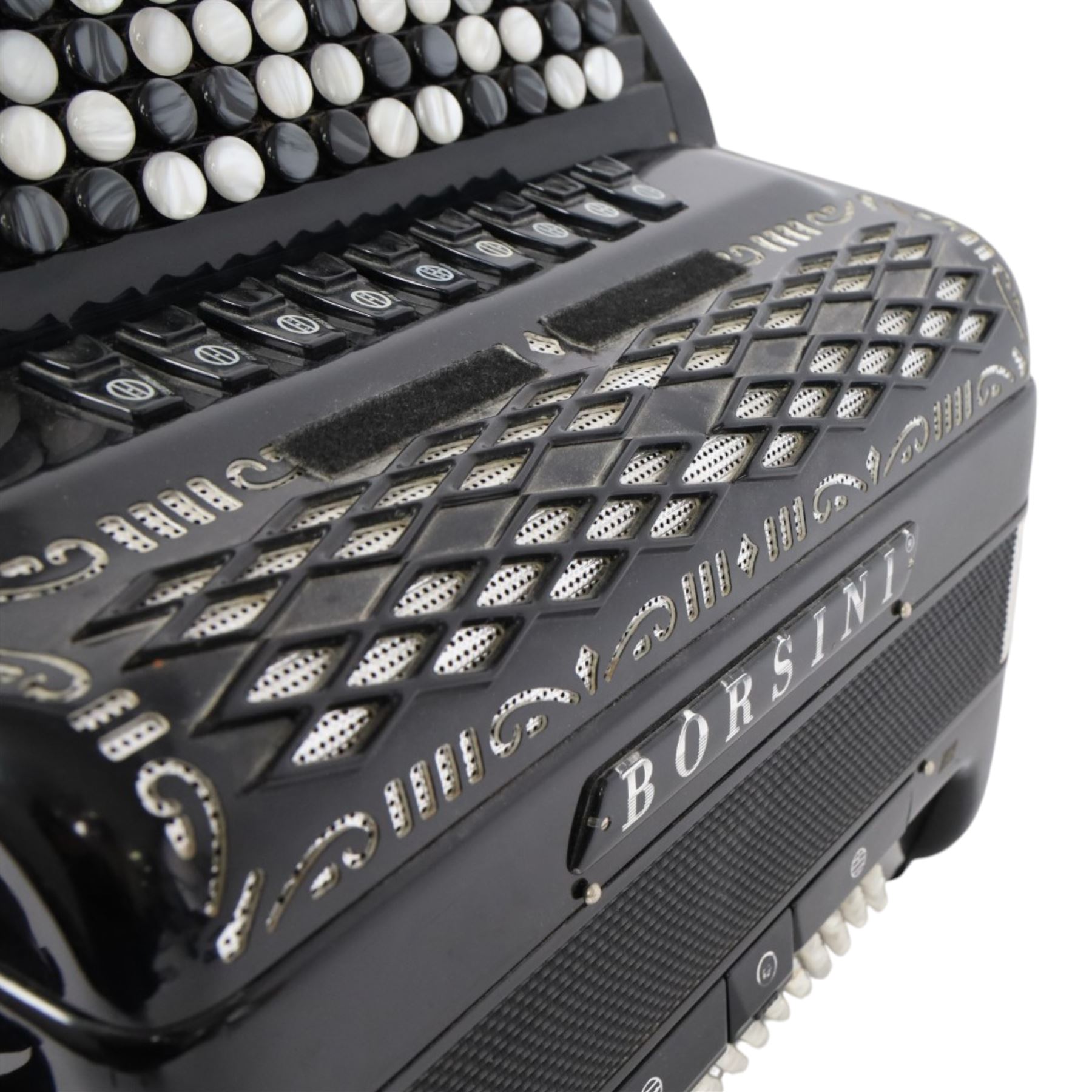 Borsini Professional 5-Row Chromatic button accordion, with 92 white pearlescent chromatic buttons and 136 bass buttons, possibly a custom model, in black high gloss case, with carry strap and original hard carrycase