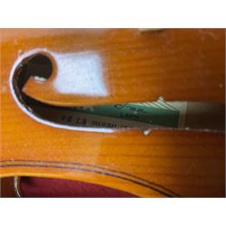 French violin for restoration with 36cm two-piece maple back and ribs and spruce top, bears label 'Lutherie Artistique M. Couturieux'; in wooden case; two modern three-quarter size violins in cases; and five violins for spares or repair