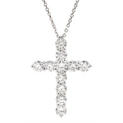 18ct white gold eleven stone round brilliant cut diamond cross pendant necklace, hallmarked, total diamond weight approx 3.15 carat
