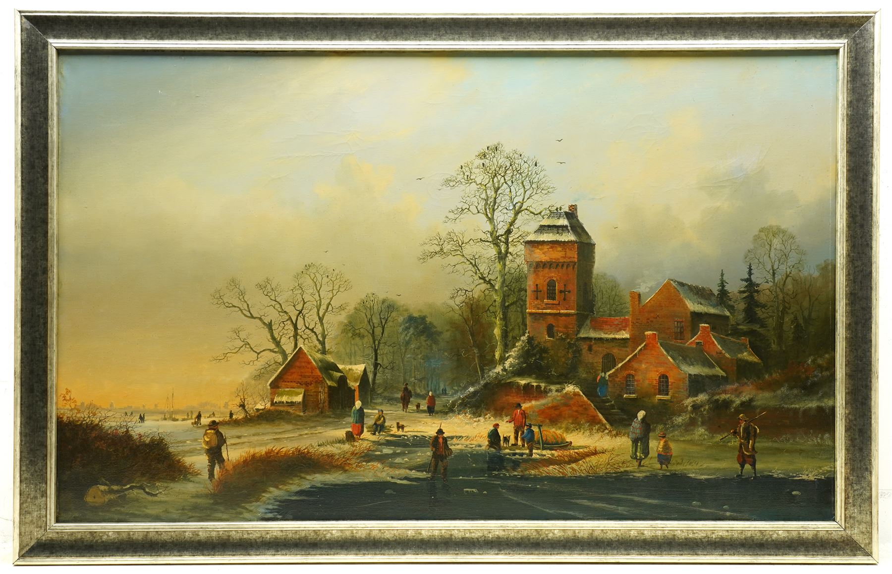 Dutch School (Early 20th century): Frozen Winter Landscape with Figures, oil on canvas unsigned 55cm x 91cm