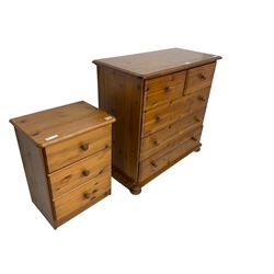 Pine chest, fitted with two short over three drawers (W48cm H80cm); and pine bedside chest fitted with three drawers (W43cm H57cm)