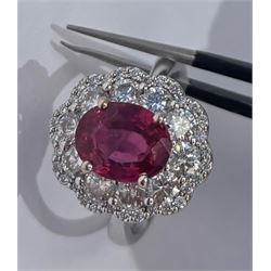 18ct white gold unheated oval ruby and round brilliant cut diamond cluster ring, hallmarked, ruby 3.07 carat, total diamond weight approx 1.65 carat, with WGI certificate