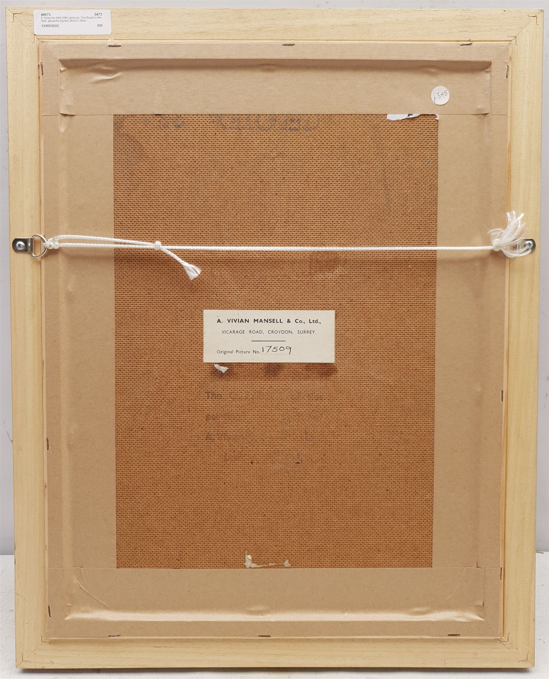 Frank Osborne (British 1885-1972): The Road to the Sea, gouache signed 38cm x 29cm 
Provenance: painted in 1964 and sold to the artist's agents A. Vivian Mansell & Co Ltd on 13th Feb 1964 for 30 guineas. 
Notes: Frank Osborne was a postcard and greeting card artist and illustrator who lived in Robin Hood's Bay. Little of his work has come on to the open market as the majority was sold with copyright. The present painting probably depicts a fictionalised landscape above Fylingthorpe, near Whitby. We are grateful for the artist's estate for their help in cataloguing this lot.