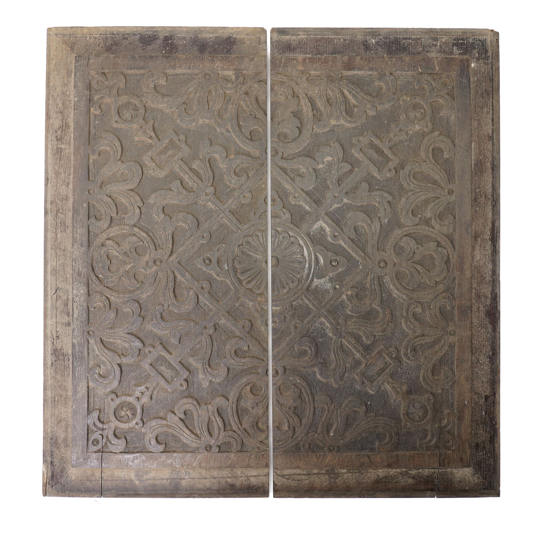Pair of 18th/19th century oak strapwork panels, in four pieces, as whole pieces 60cm x 58cm 