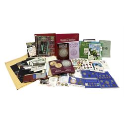 Quantity of coins and coin collecting related books and ephemera, first day covers and other stamps, motoring ephemera etc