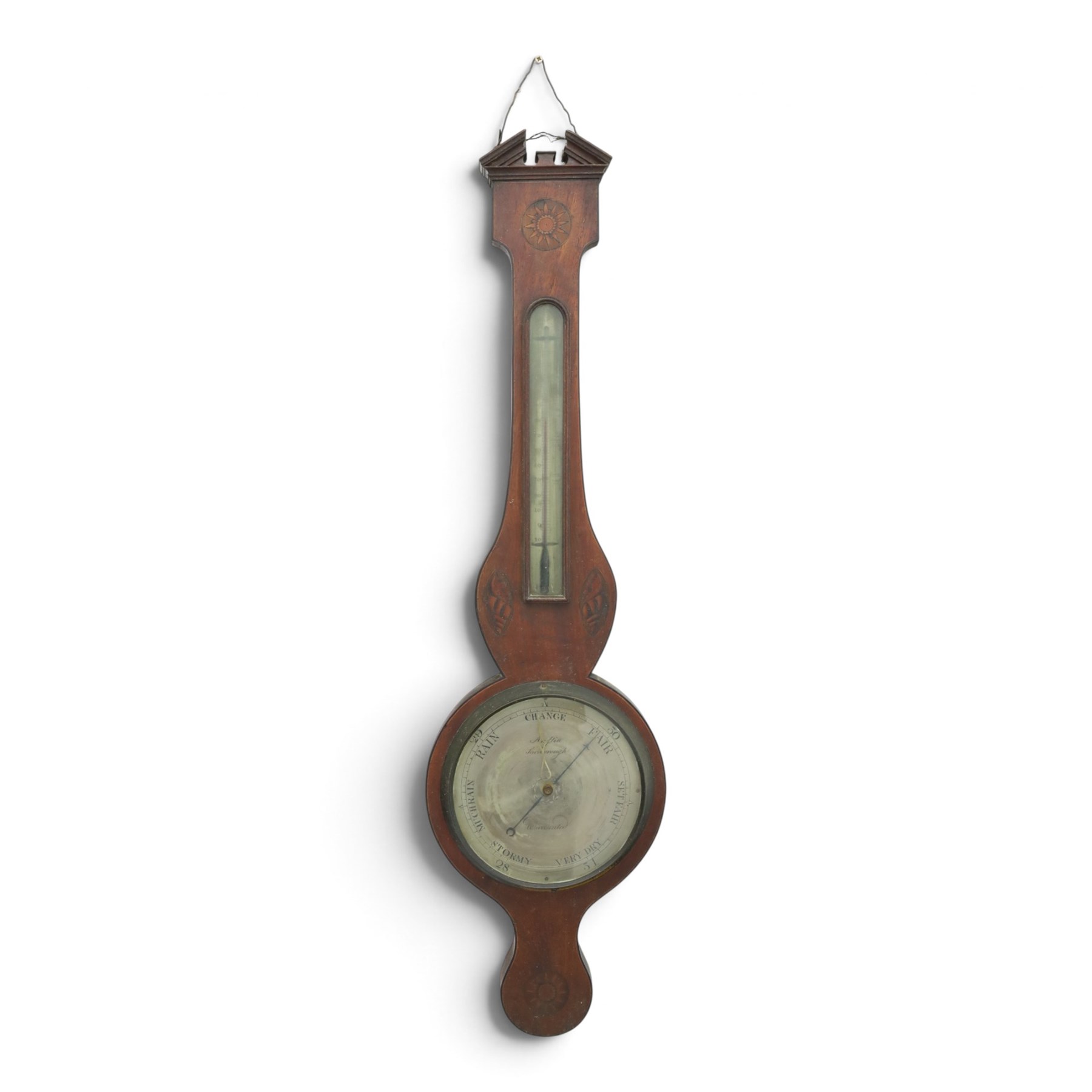 Three mahogany wheel barometers, each with silvered dial, thermometer and hygrometer, two with inlaid decoration, one with architectural pediment and one with swan-neck pediment 