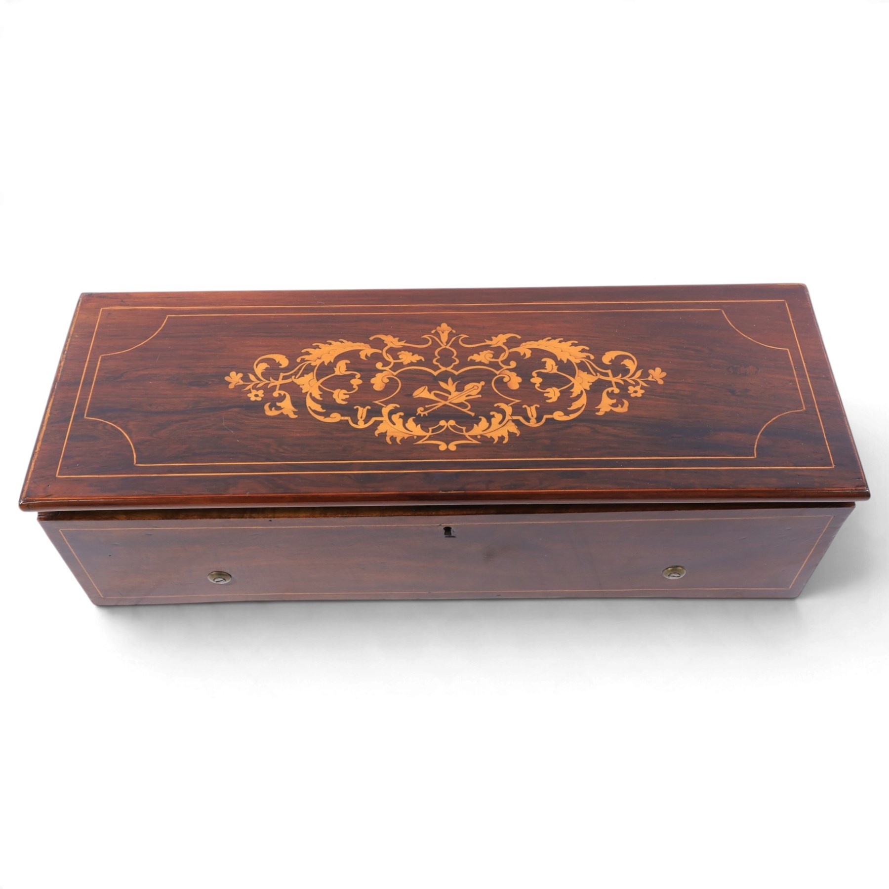 19th century Swiss rosewood music box, with boxwood foliate inlaid and strung rectangular top, with cylinder and comb movement stamped Henriot, Geneve, serial no. 14818, H13cm, W50cm