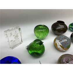 Collection of glass paperweights to include three Wedgwood examples modelled as birds, two Rosenthal faceted examples, a millefiori example, together with art glass examples to include Eirian swirled teardrop and another teardrop shaped paperweight by Caithness