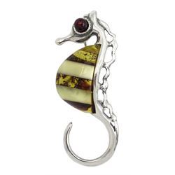 Silver two tone amber seahorse brooch, stamped 925