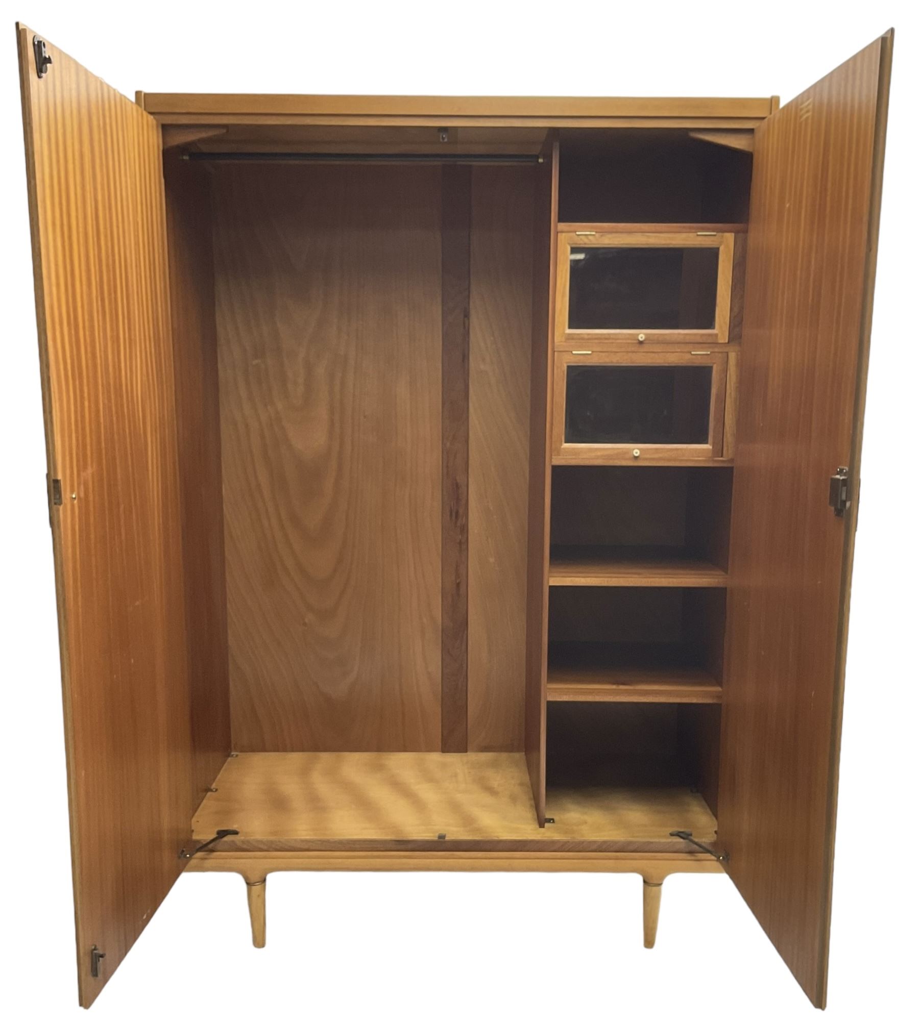 Wrighton - mid-20th century teak wardrobe, two doors enclosing hanging rail, shelves and hinged compartments, on turned tapering feet