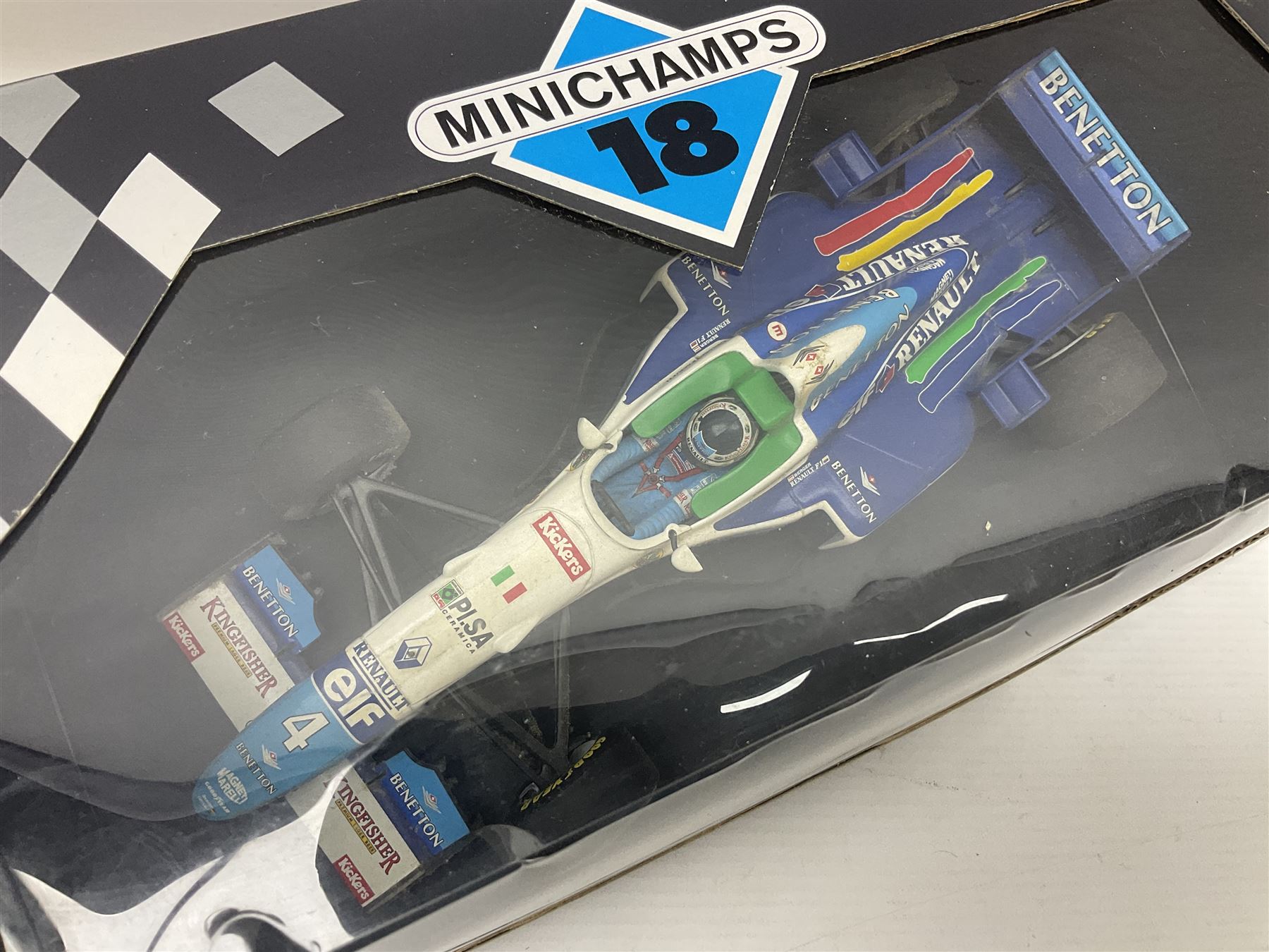 Three Minichamps '18' 1:18 scale die-cast racing cars - Jordan Peugeot 196 1996 R. Barrichello; Benetton Renault B196 G. Berger; and Williams Renault FW18 D. Hill; all boxed (3)