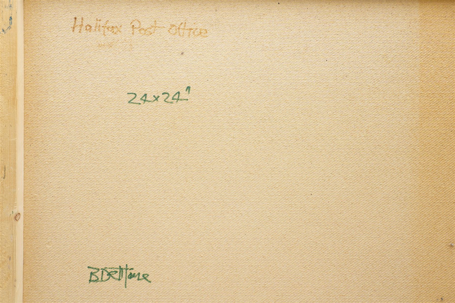 Barry De More (Yorkshire 1948-2023): 'Halifax Post Office', oil on board, signed titled verso 60cm x 61cm (unframed)
Provenance: consigned by the artist's widow