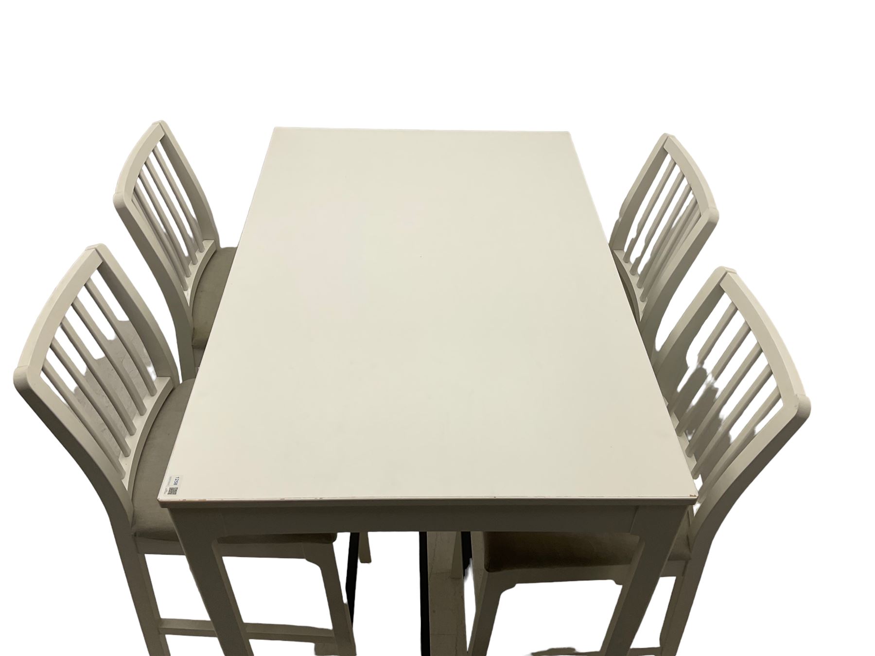 IKEA - 'Ekedalen' bistro set, rectangular table raised on chamfered supports (W121cm D80cm H106cm); and set four bar stools, stick back, in white finish