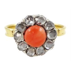Early 20th century 18ct gold and silver coral and diamond cluster ring, single  cabochon cut coral, surrounded by ten rose cut diamond stones 