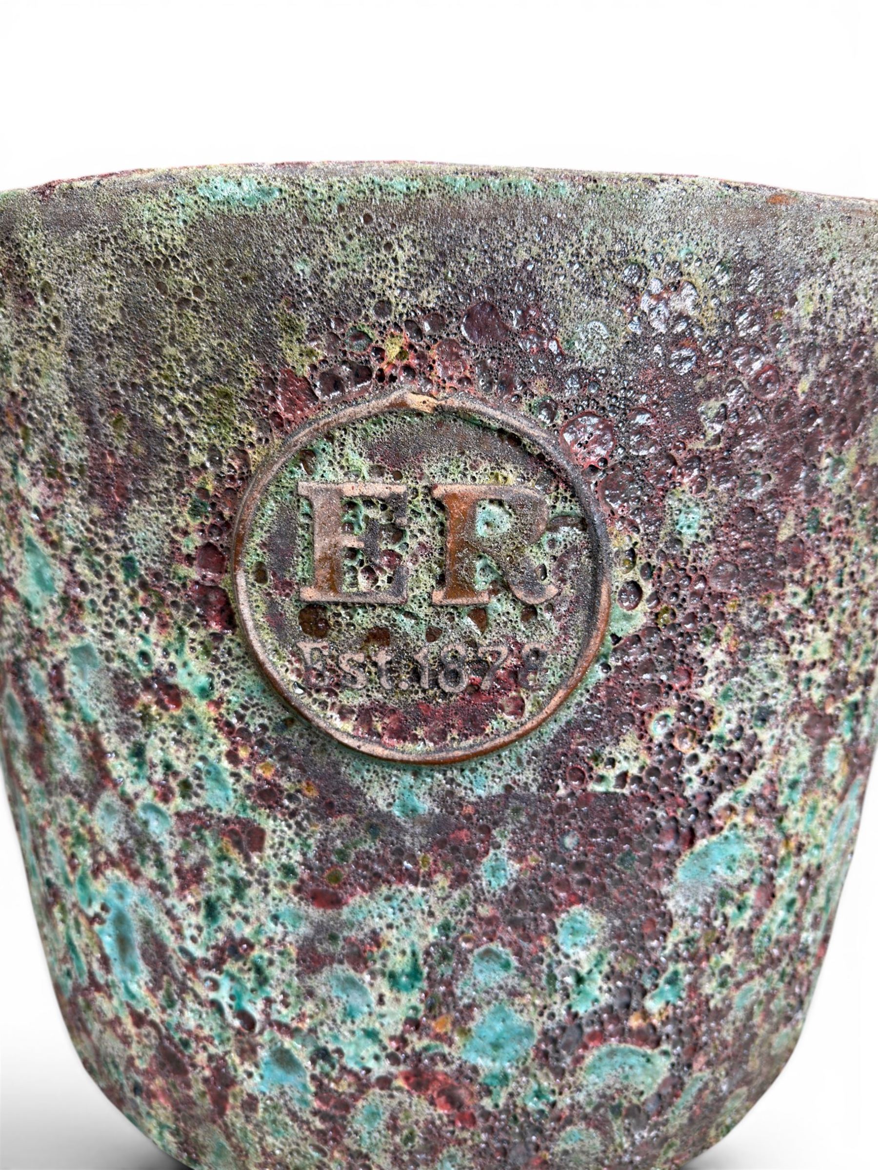 Pair of mature ornamental cherry trees, planted in lead-effect planters stamped ER