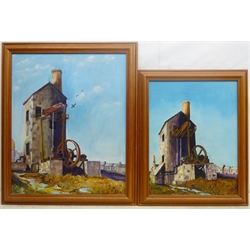 JRM (British 20th century): Cornish Beam Engine at Wheal Kitty, two oils on board signed with initials, one dated 1998 verso, Learning the Ropes, oil on canvas board unsigned, and Chinese Portraits, pair oils on board indistinctly signed, max 55cm x 45cm (5)