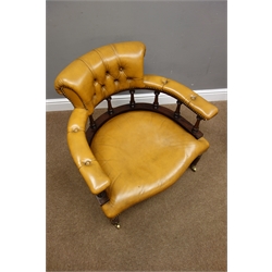  20th Century tub shaped armchair upholstered in buttoned golden tan leather, turned gallery supports, serpentine seats, W72cm, H73cm, D59cm  