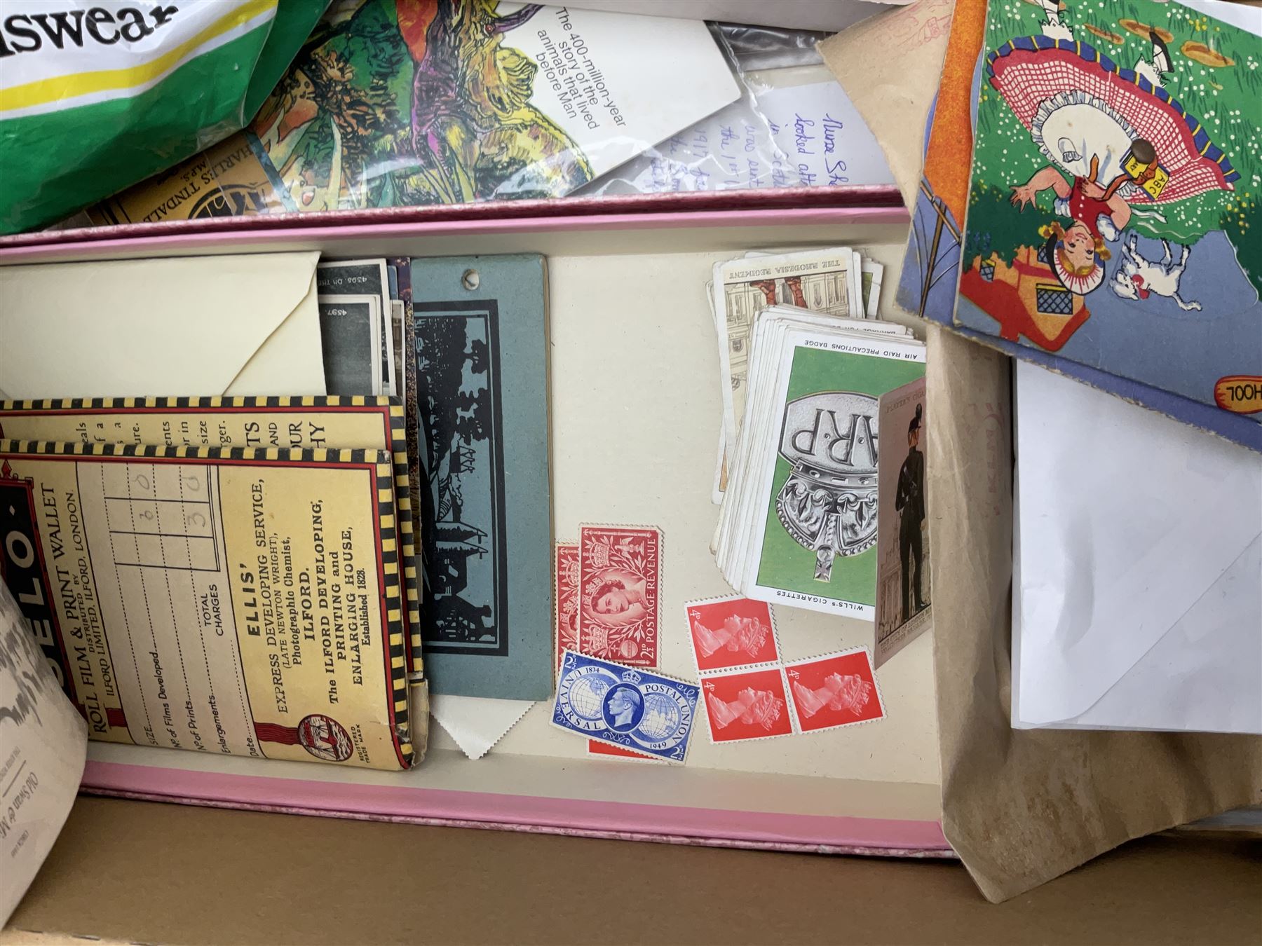 Chrome AA Members Badge, No 2A67754, together with two Raphael Tuck & Sons Christmas cards, cigarette cards, postcards and other ephemera 