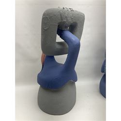 Helen Skelton (British 1933 – 2023): Three carved wooden abstract sculptures, one modelled stylized bird, painted in blue and pink tones, largest H51cm. Born into an RAF family in 1933 in Kent and travelled the world extensively during her childhood. After settling in Bridlington, Helen immersed herself in painting, textiles, and wood sculpture, often inspired by nature's beauty. Her talent was showcased in a one-woman show at Sewerby Hall and recognised with the sculpture prize at Ferens Art Gallery in 2000. Sadly, Helen’s daughter passed away from cancer in 2005. This loss inspired Helen to donate her sculptures to Marie Curie upon her passing in 2023.